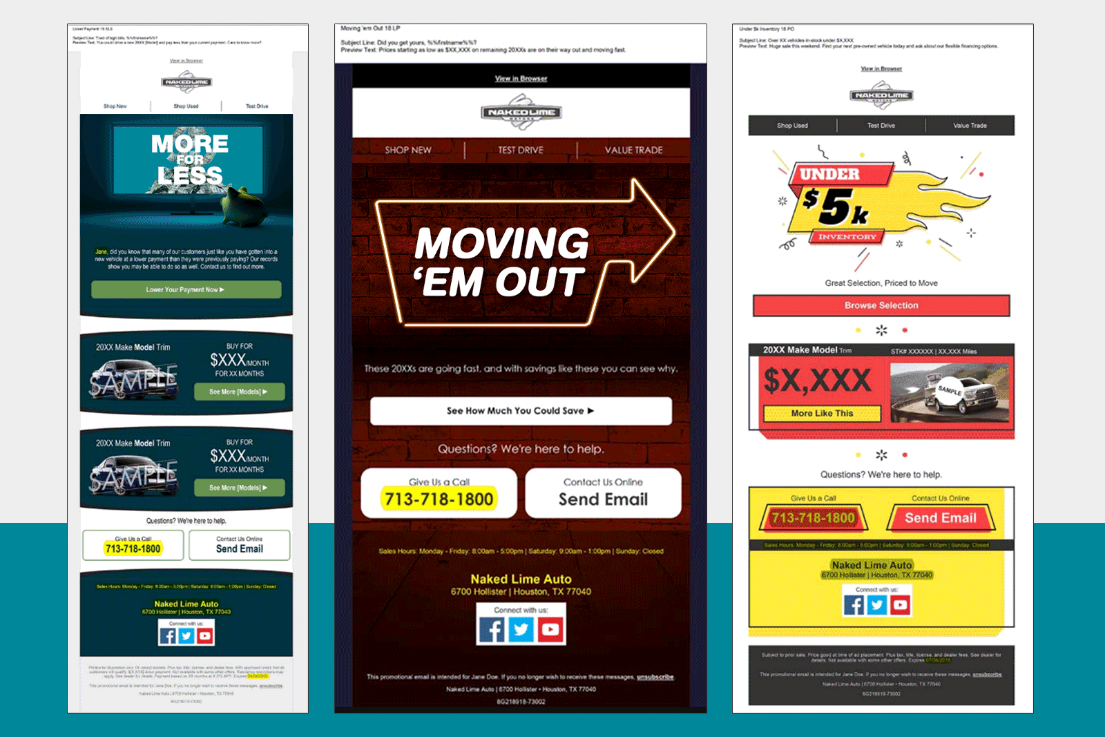 Three car sales promotion emails from Naked Lime Auto showing offers, contact info, and browsing options.