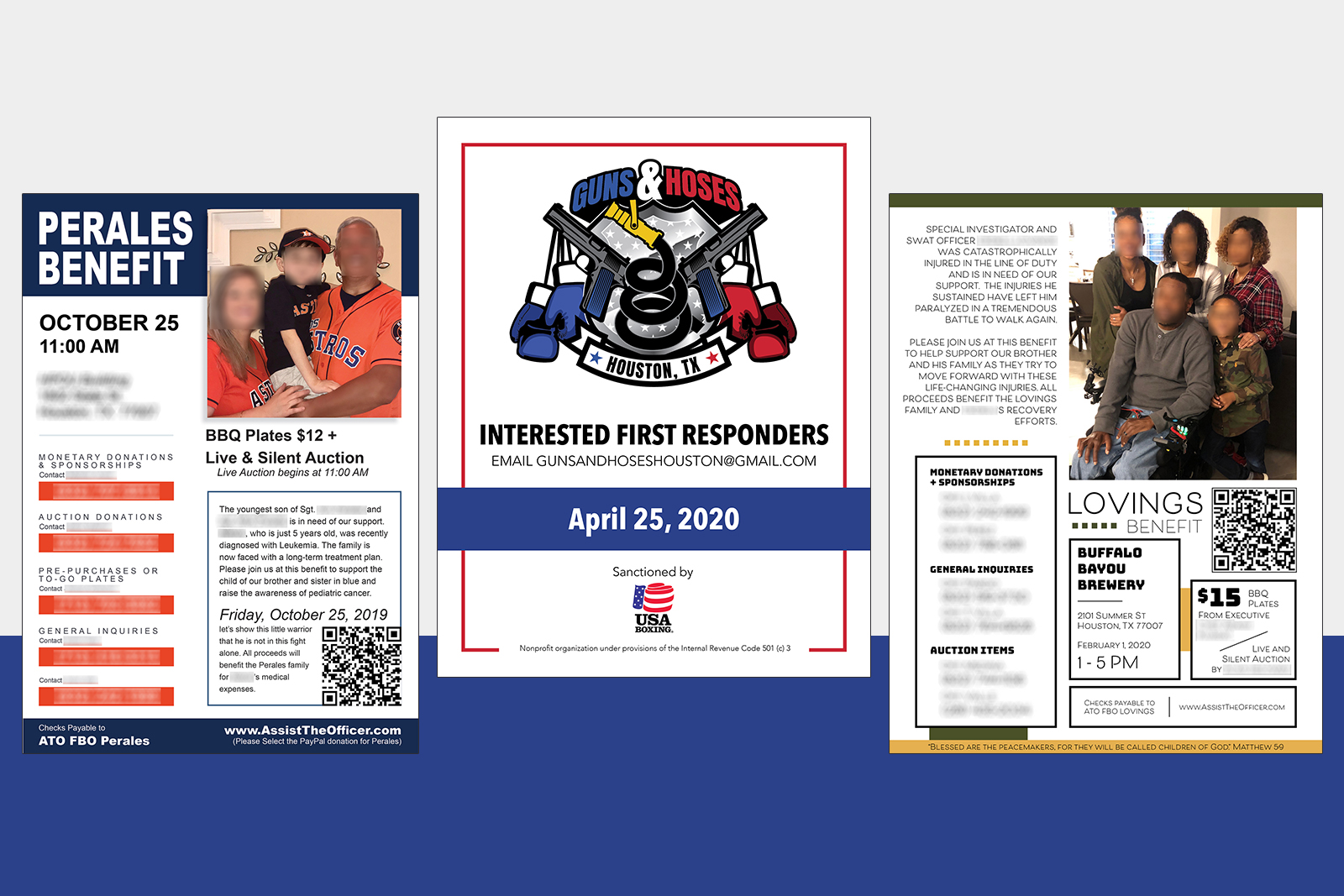 Triptych of benefit flyers for Perales and Lovings families with event details and family photos.