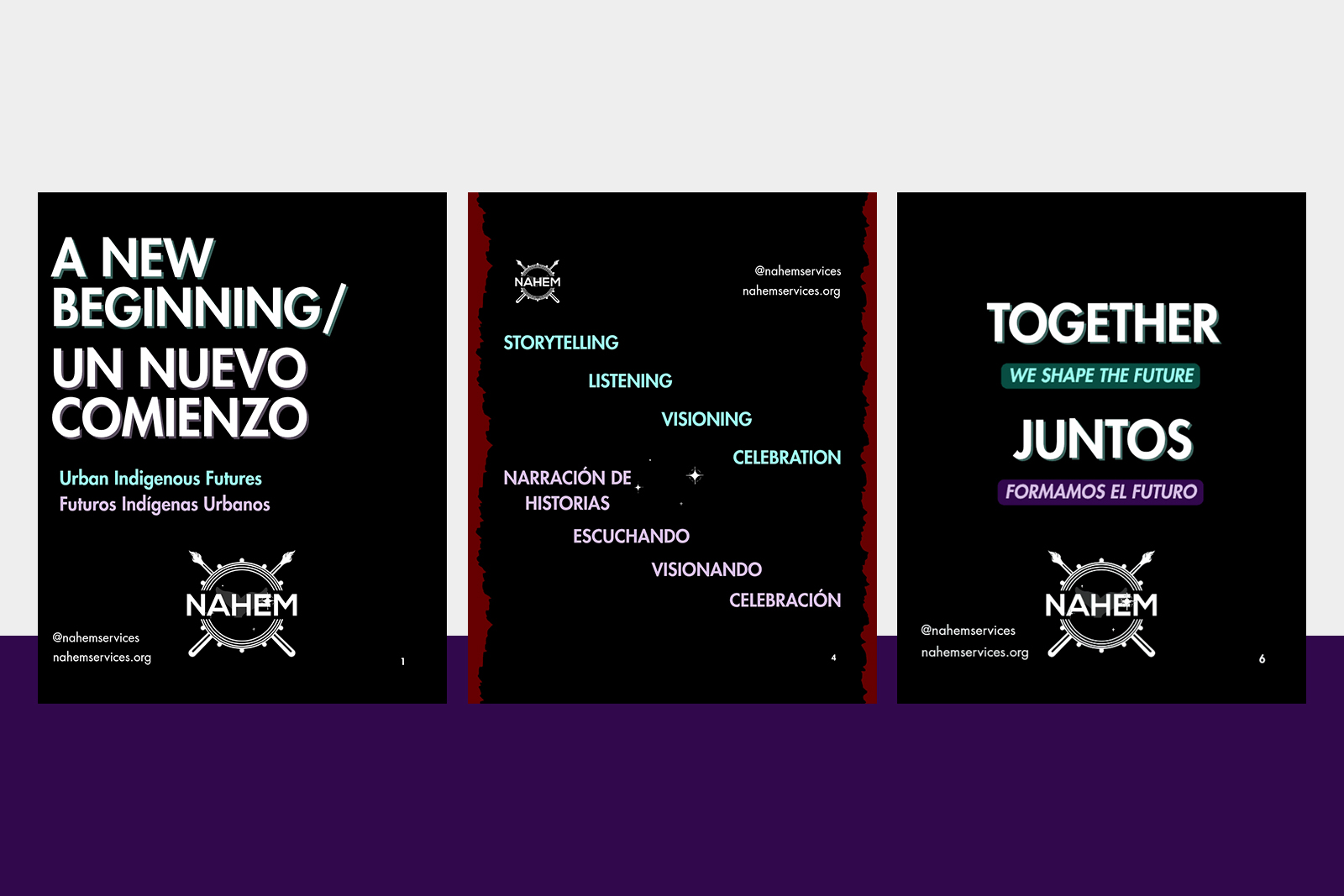 Triptych with NAHEM logo and text about new beginnings, storytelling, and shaping the future in English and Spanish.
