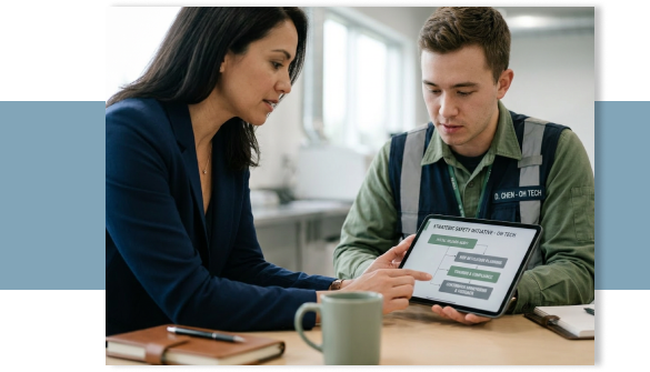 Frau erklärt einem Mitarbeiter Arbeitssicherheitsrichtlinien auf dem Tablet