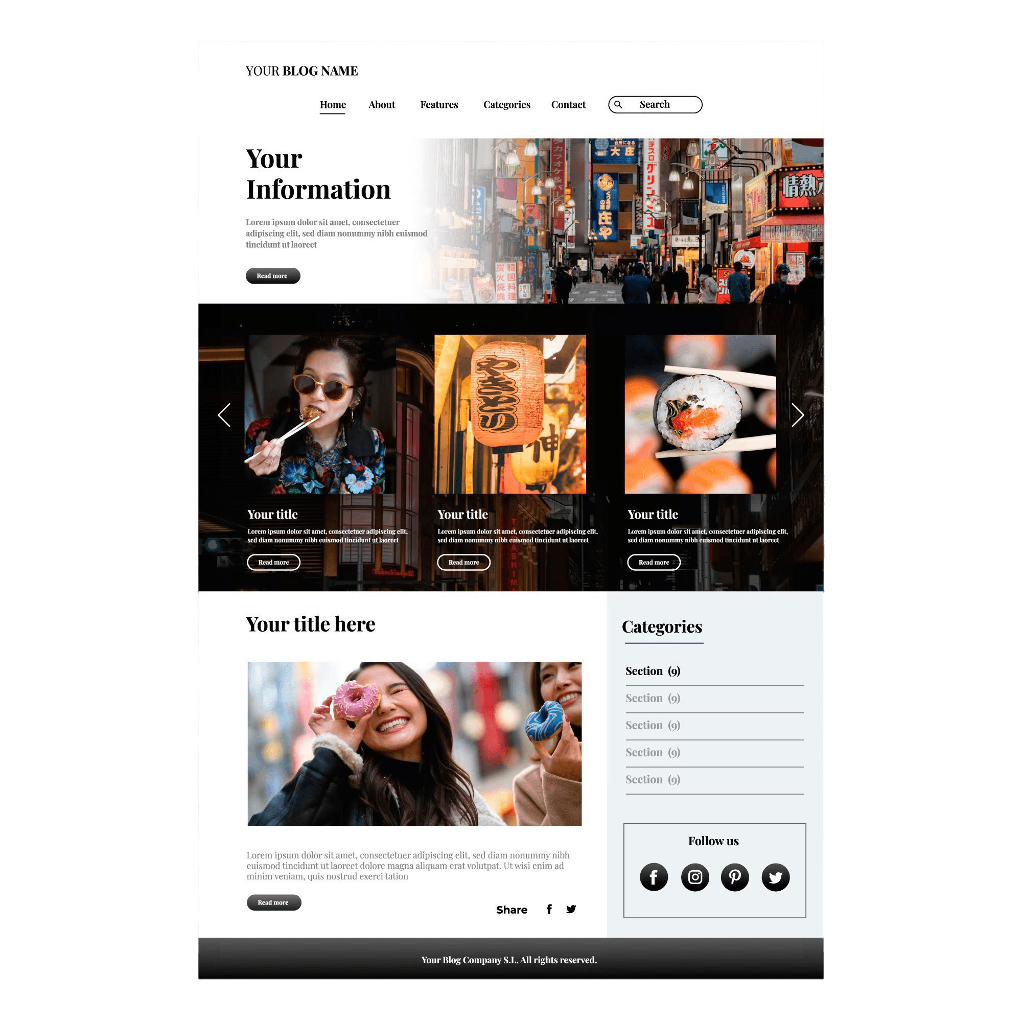Blog layout with navigation, a city street photo, images of sushi and smiling young women with donuts.