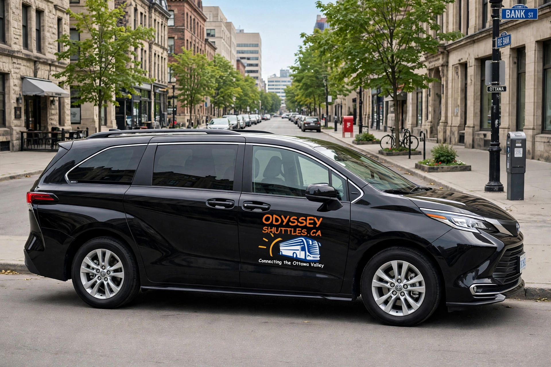 Black Odyssey Shuttles minivan parked on a downtown Ottawa street.