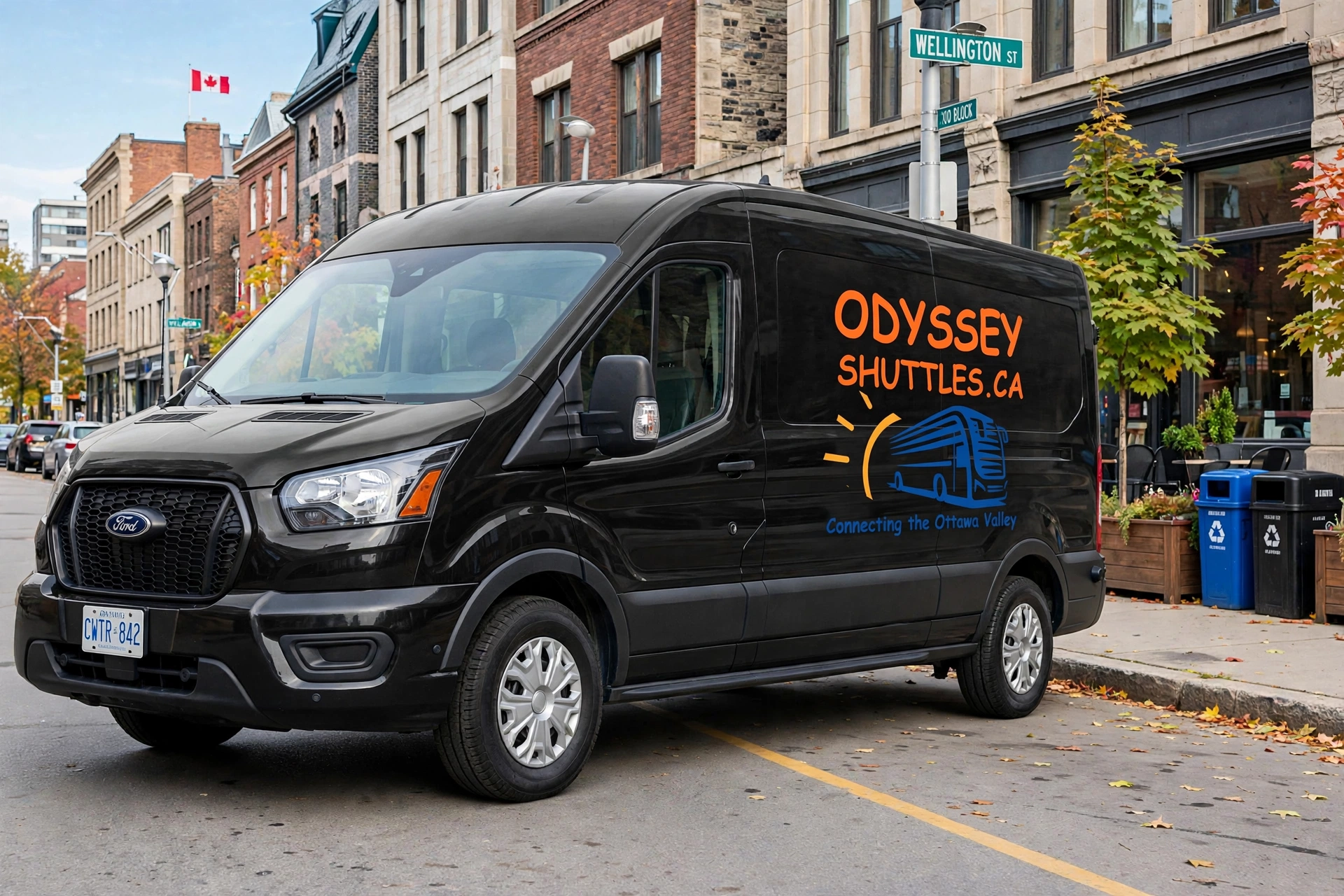 Black Odyssey Shuttles Ford Transit passenger van parked on a downtown Ottawa street.