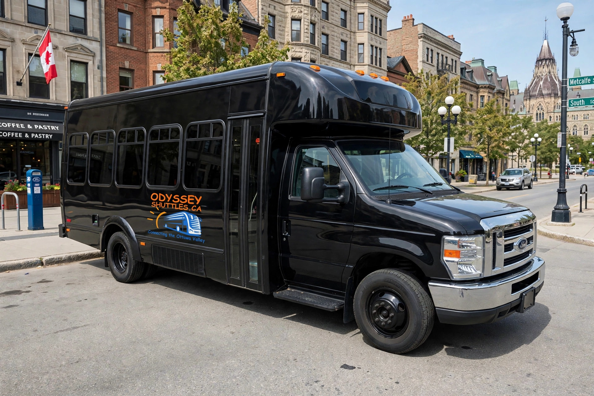 Black Odyssey Shuttles minibus parked on a downtown Ottawa street.