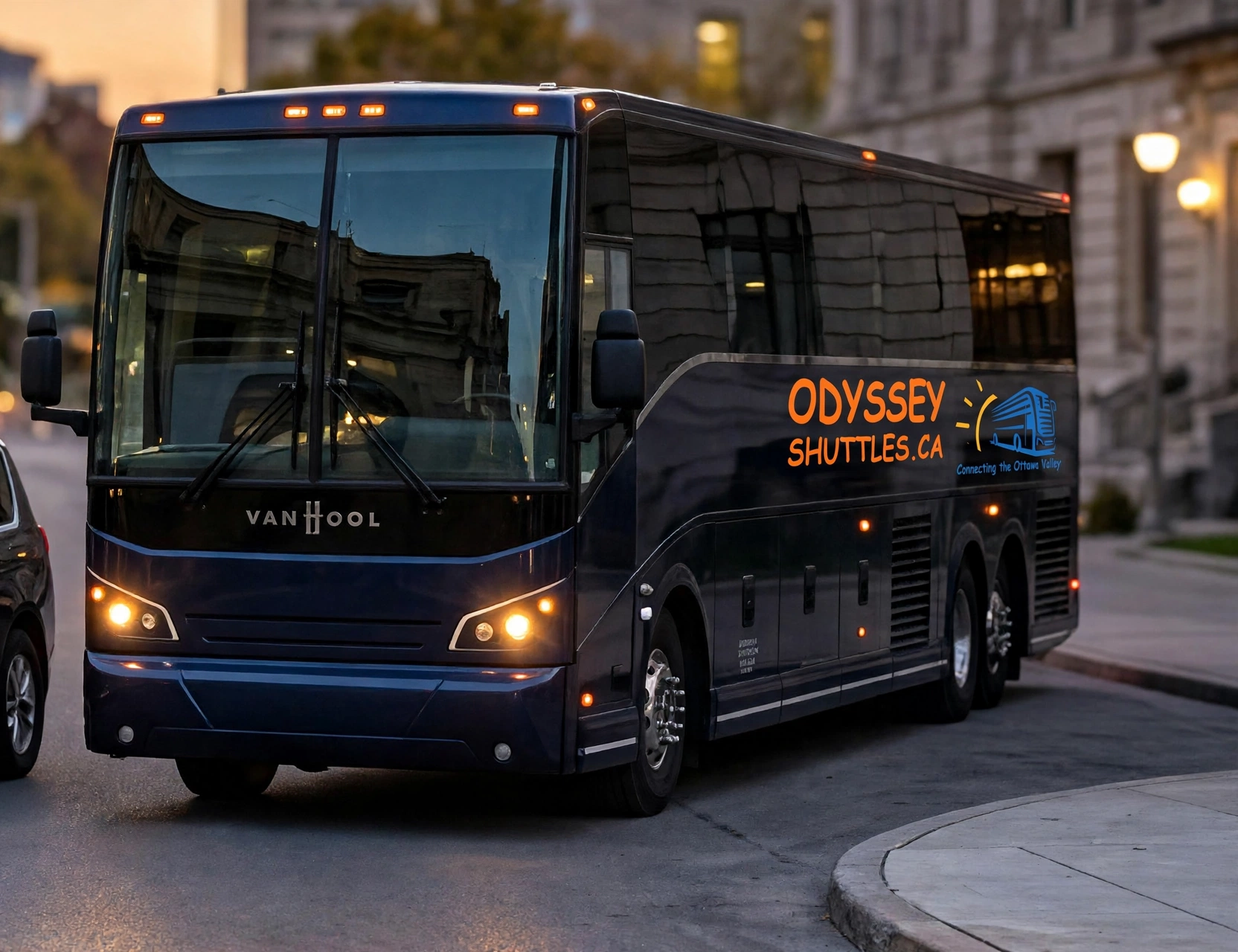 Navy Odyssey Shuttles full-size motor coach on an Ottawa street at dusk.