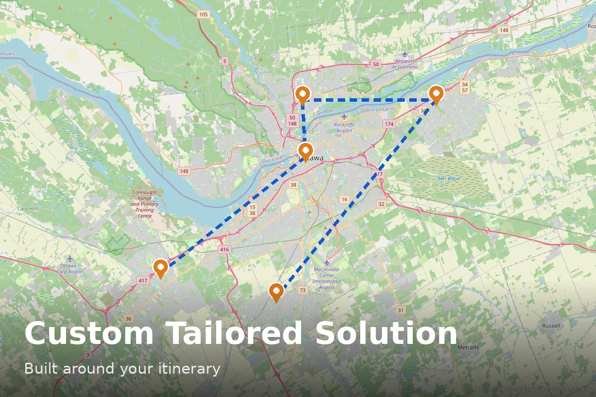 Map of Ottawa and Gatineau with a dashed route connecting five pickup and drop-off points, titled Custom Tailored Solution