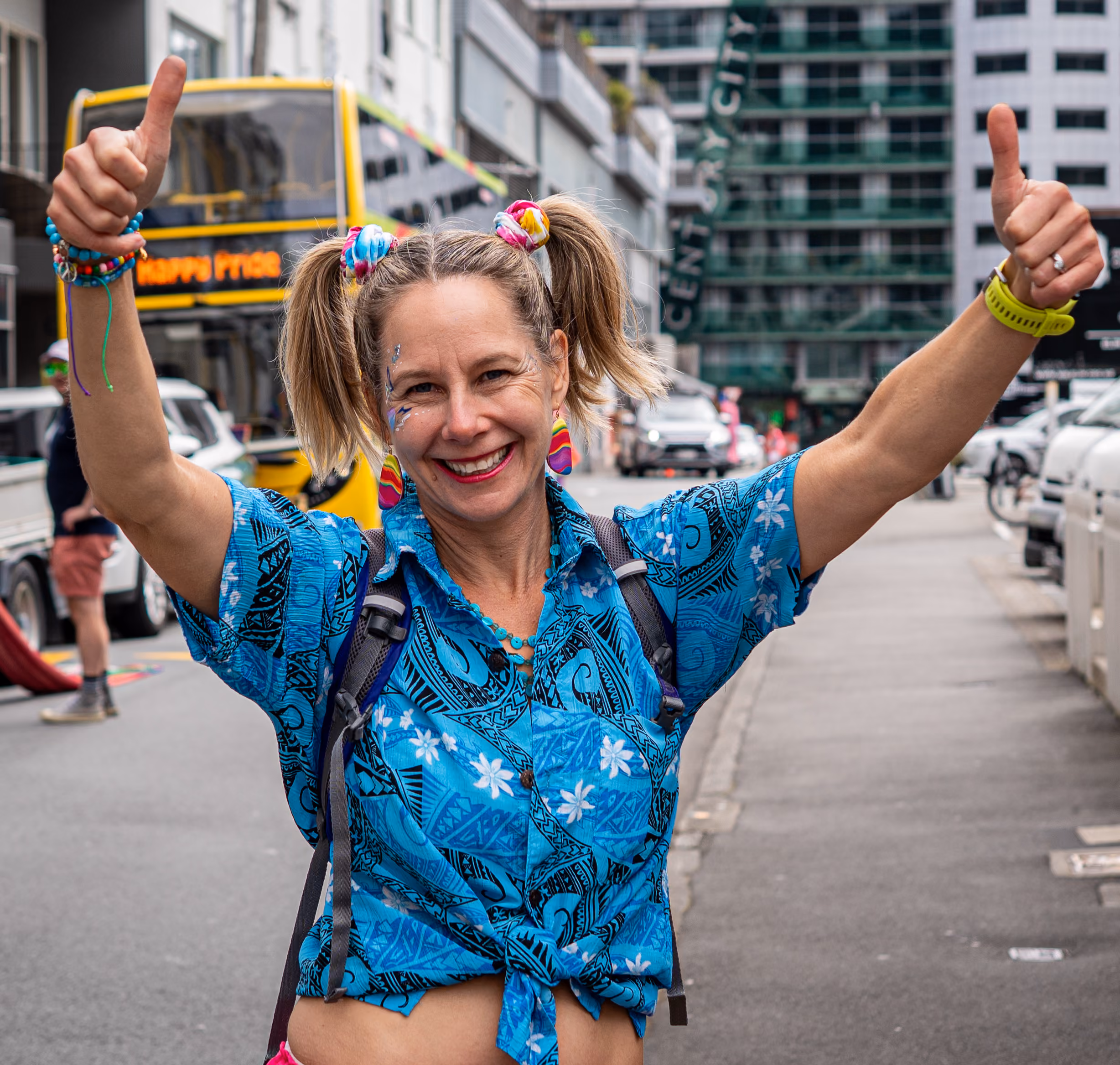 A performer in bright costume at the Wellington Pride Parade