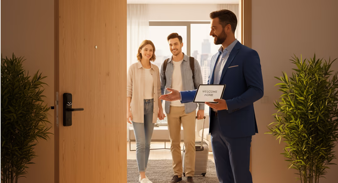 Property management team collaborating in an office