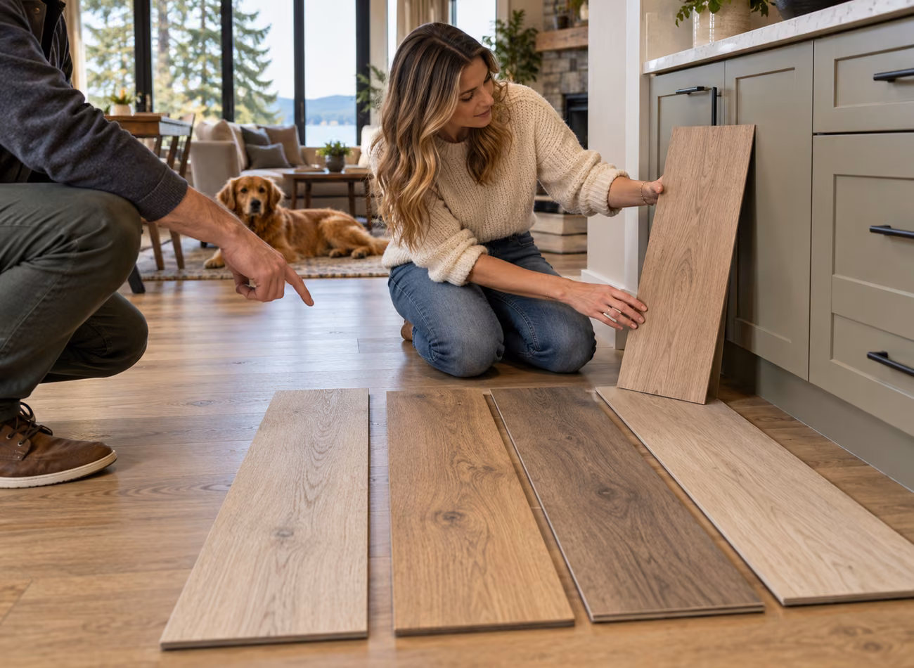 Illustration of flooring samples being compared in a home