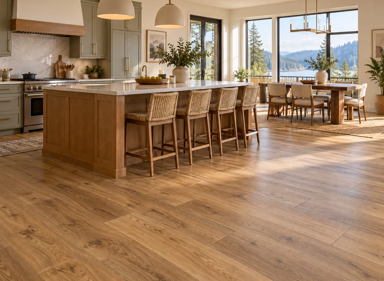 Illustration of a kitchen with wood-look luxury vinyl plank flooring
