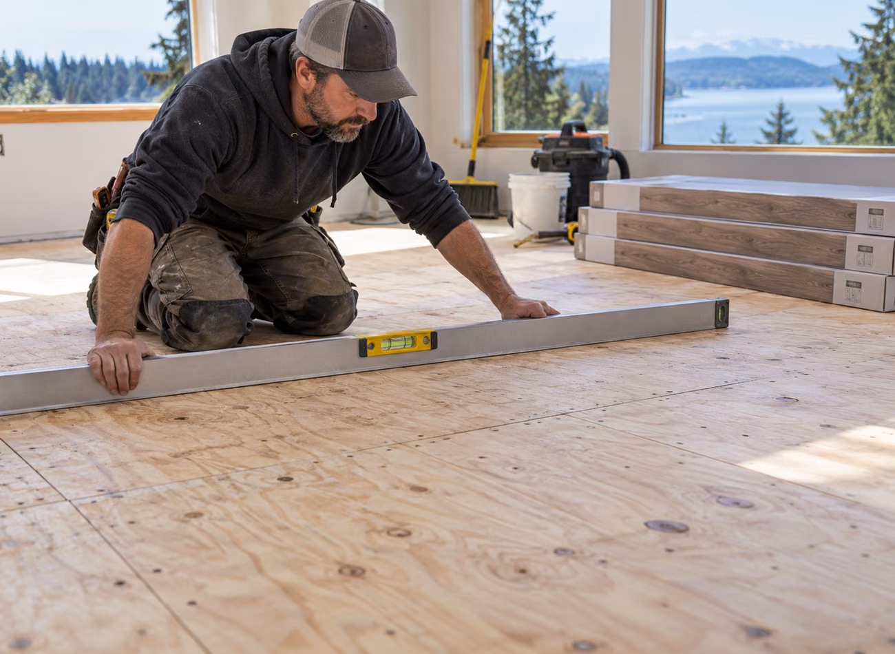 Illustration of a subfloor being checked with a straightedge