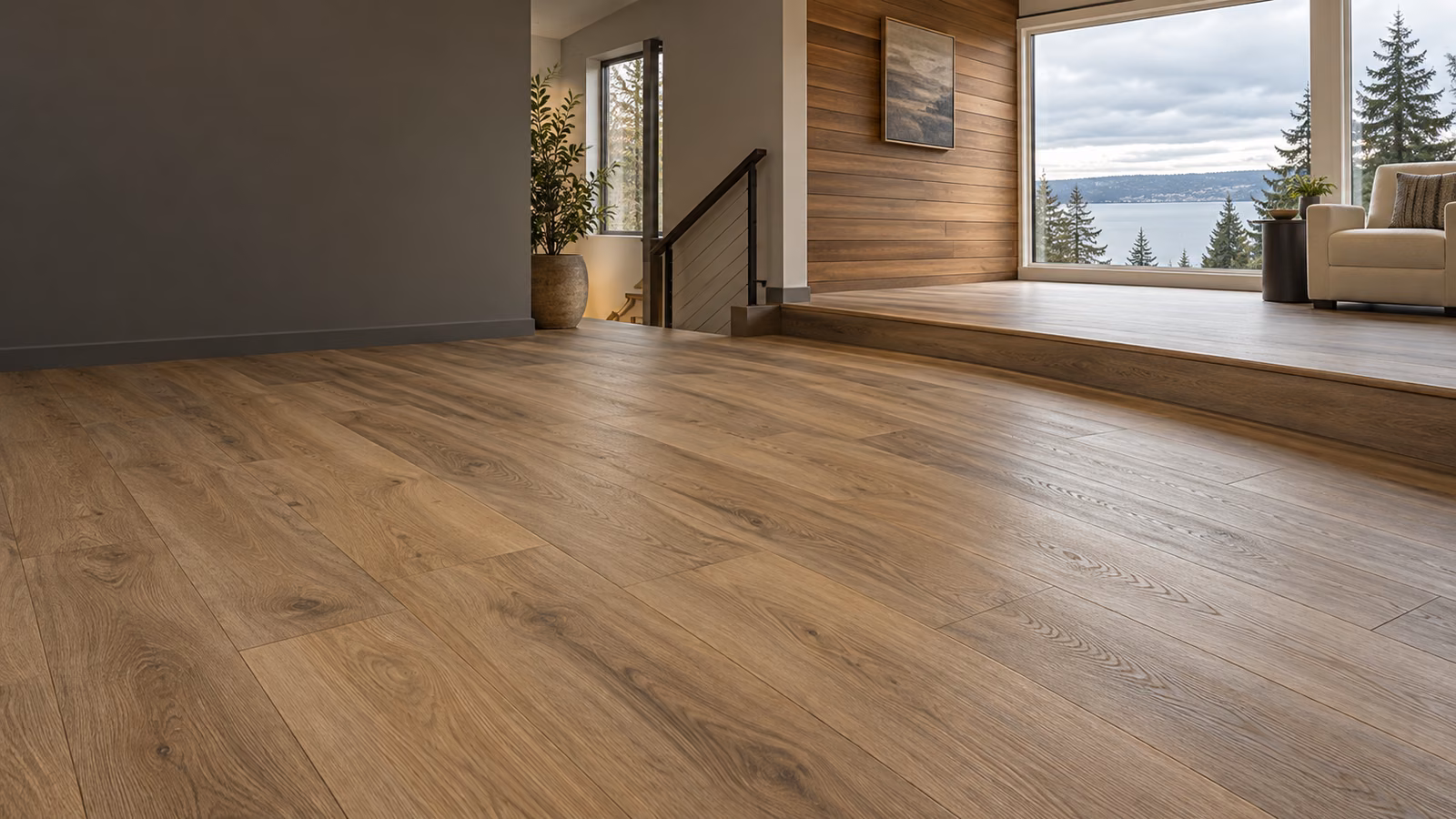 Illustrative Mukilteo-inspired split-level interior with oak-look vinyl plank flooring and an evergreen coastal outlook.