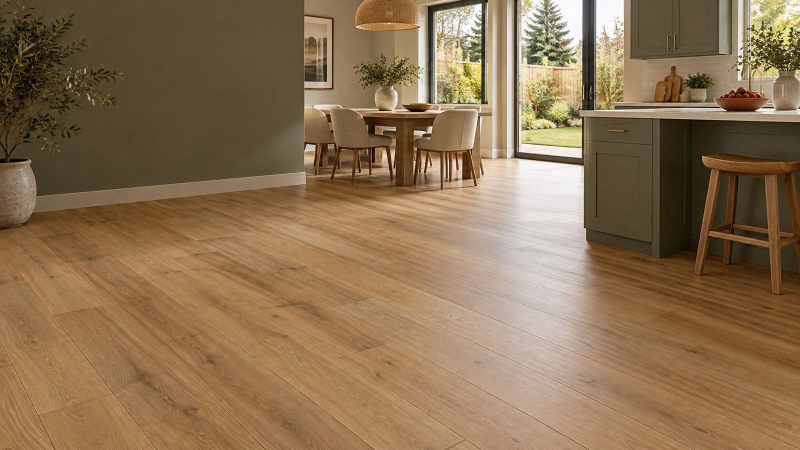 Illustrative Seattle-inspired condo with natural oak-look vinyl plank flooring and an urban view.
