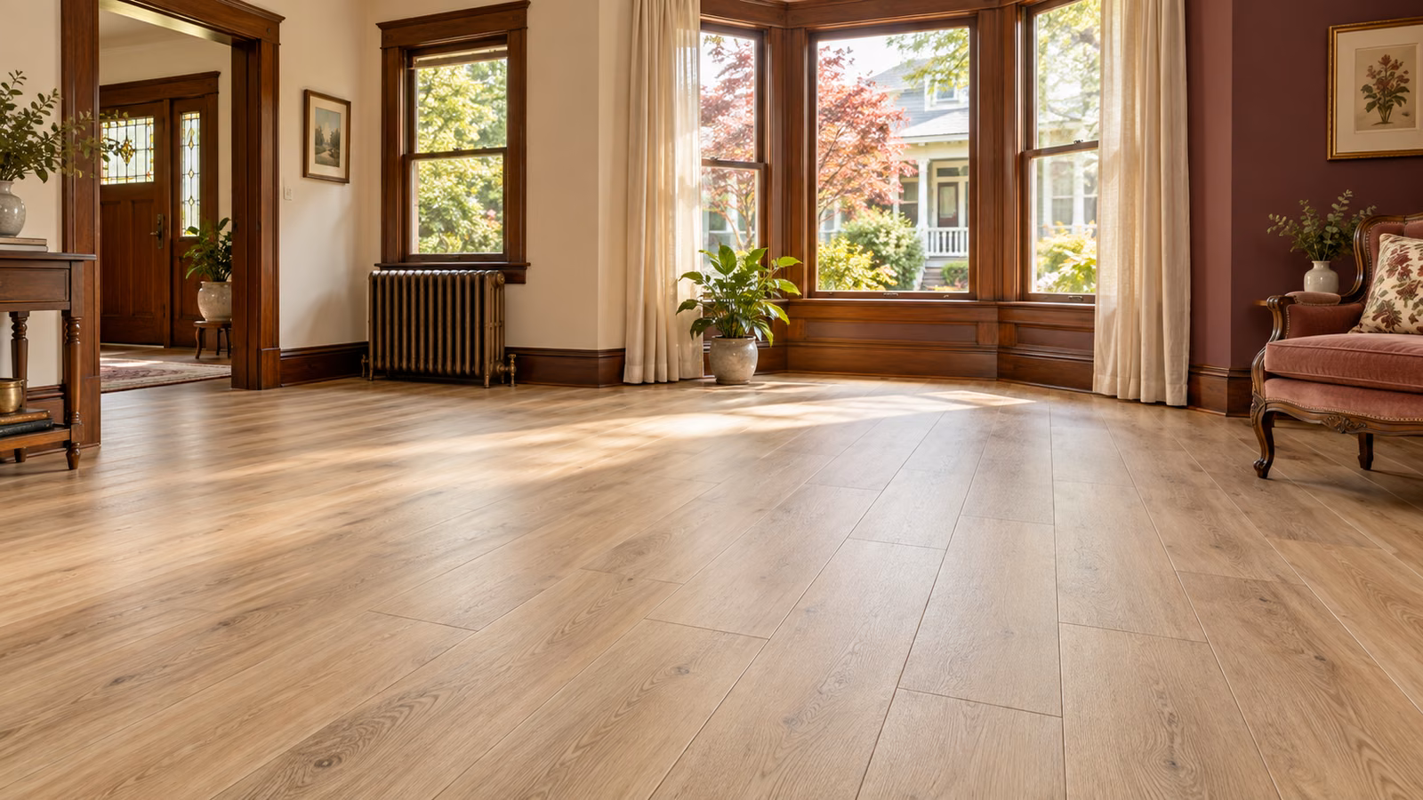 Illustrative Snohomish-inspired historic parlor with light oak-look vinyl plank flooring and preserved bay-window trim.