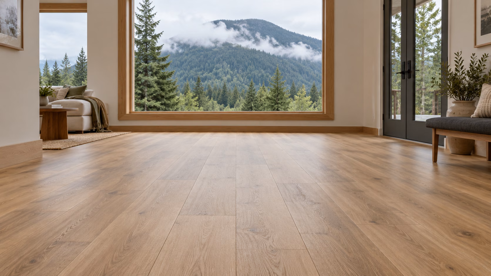 Illustrative North Bend-inspired foothill home with warm oak-look vinyl plank flooring and evergreen views.