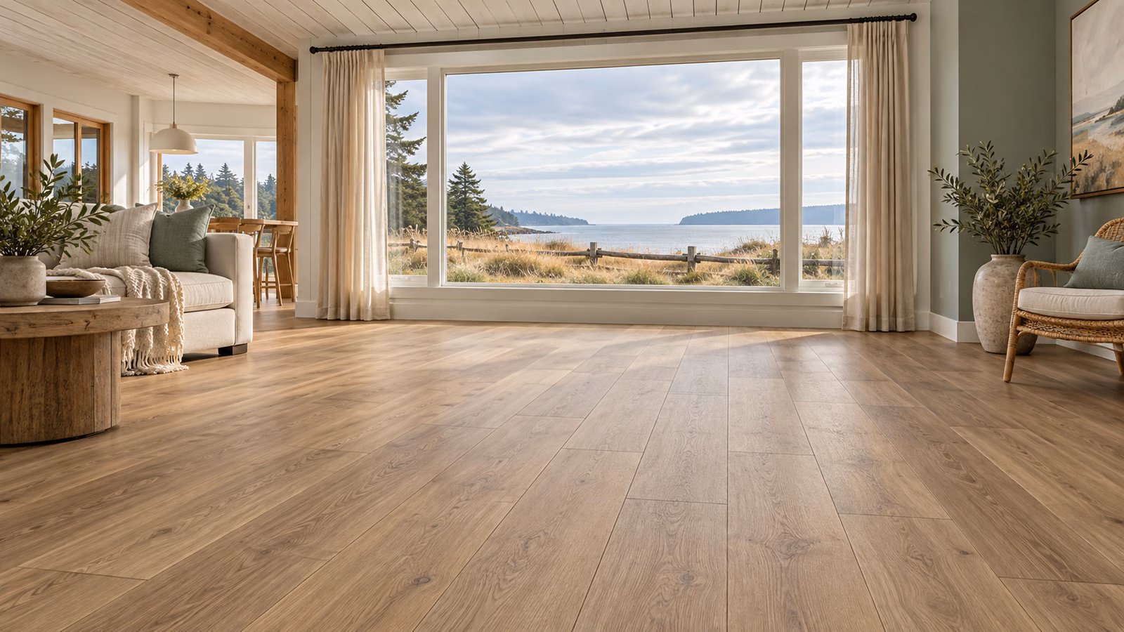 Illustrative Whidbey Island-inspired cottage with warm oak-look vinyl plank flooring and coastal prairie views.