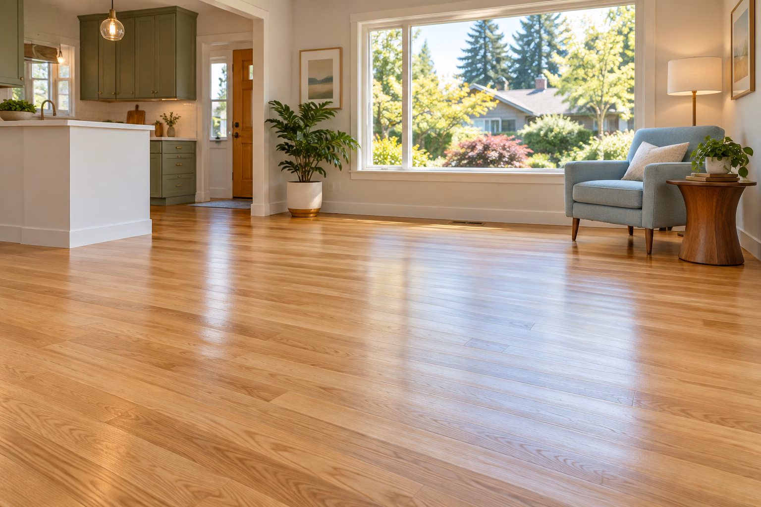 Illustrative refinished narrow oak flooring in a restored home inspired by Mountlake Terrace.