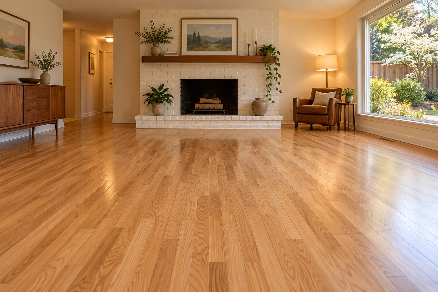 Illustrative refinished oak strip flooring in a restored rambler inspired by Lynnwood homes.