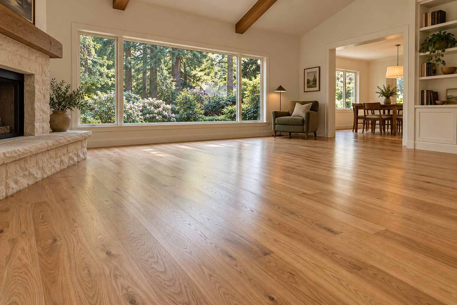 Illustrative refinished white-oak hardwood in a wooded home inspired by Brier.