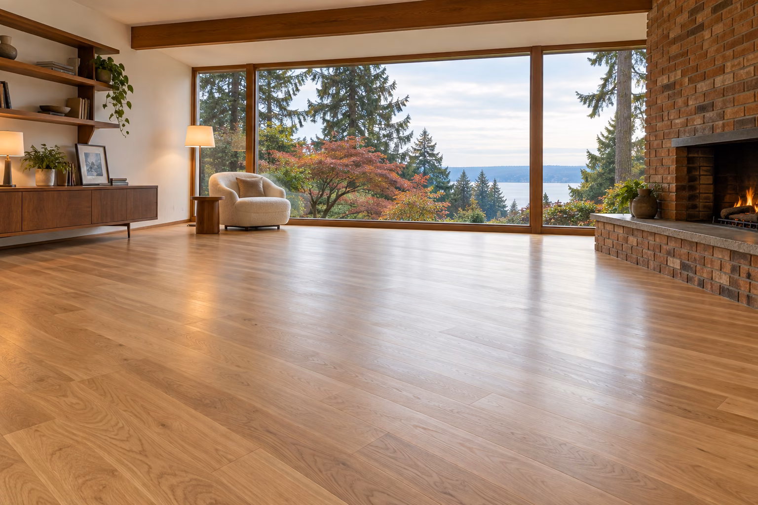 Illustrative refinished natural white-oak hardwood in a midcentury room inspired by Shoreline.