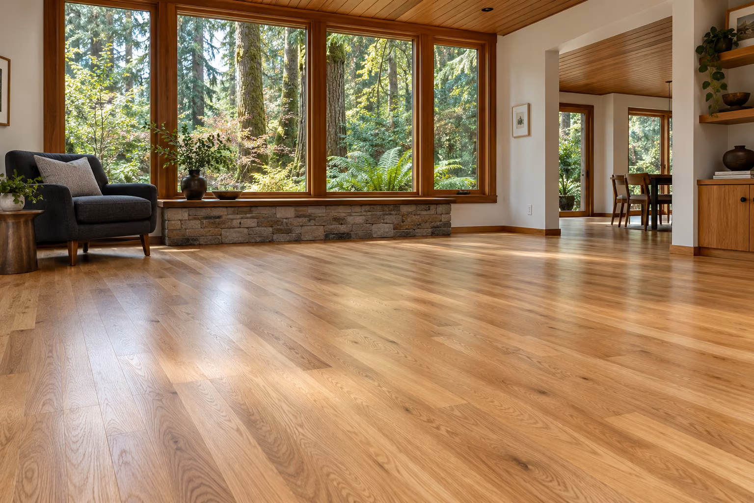 Illustrative refinished white-oak hardwood in a woodland interior inspired by Lake Forest Park.