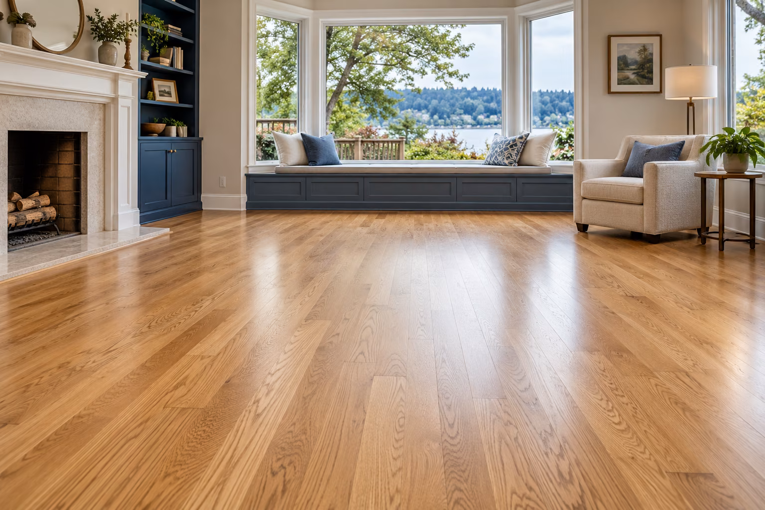 Illustrative refinished natural-oak flooring in a Kenmore-inspired room with a distant lake outlook.