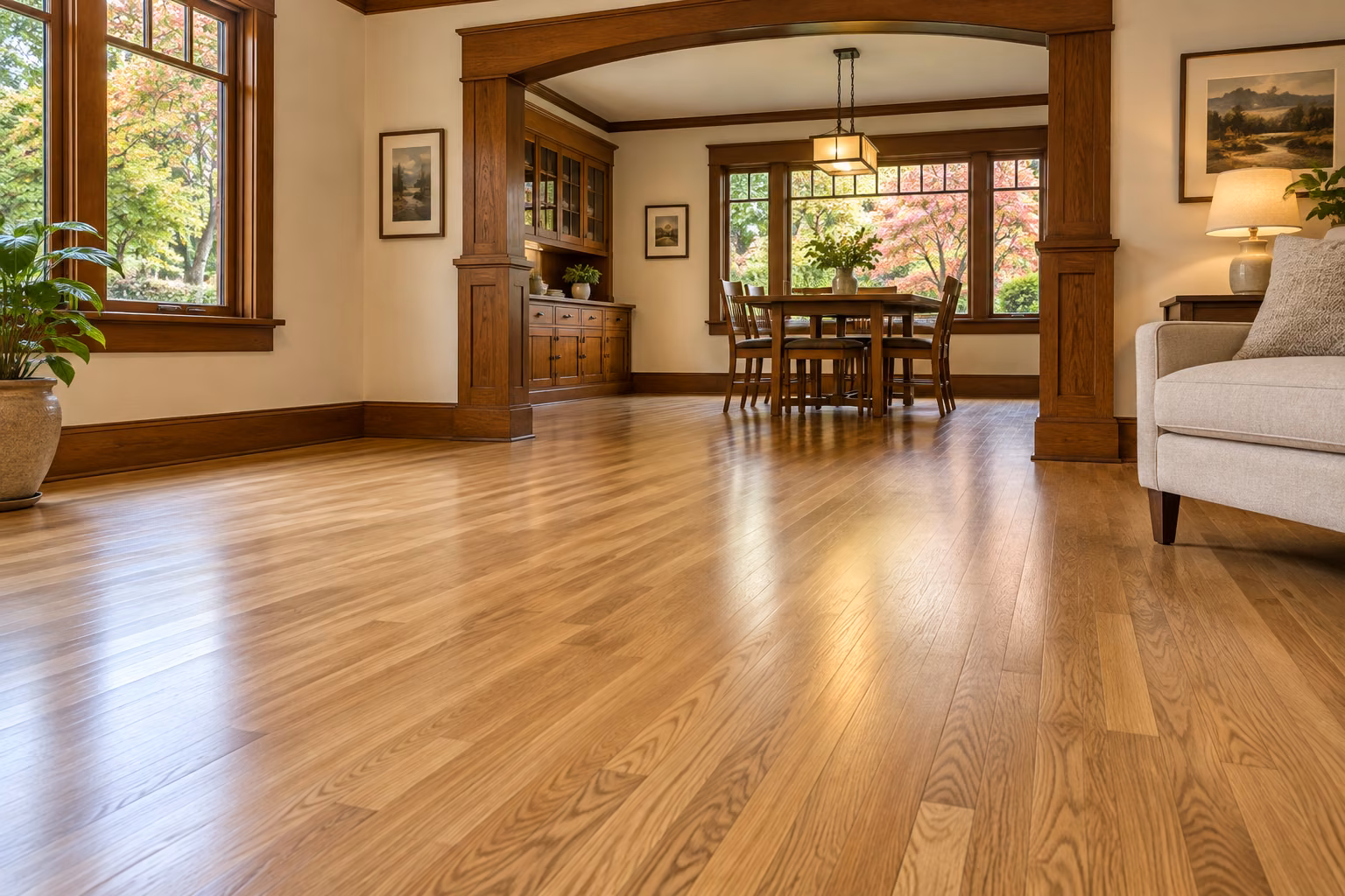 Illustrative refinished solid-oak hardwood in connected Craftsman-inspired Bothell rooms.