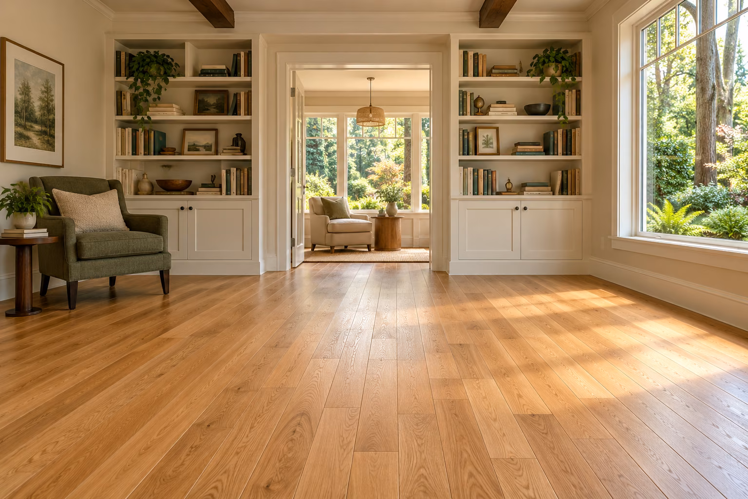 Illustrative newly installed honey-oak hardwood in a Brier-inspired garden-facing home library.