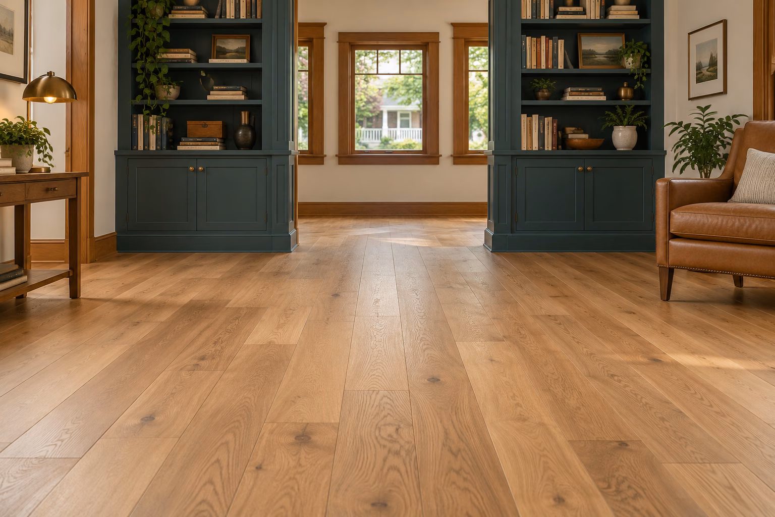 Illustrative Everett-inspired home library with newly installed natural oak hardwood flooring and Craftsman details.