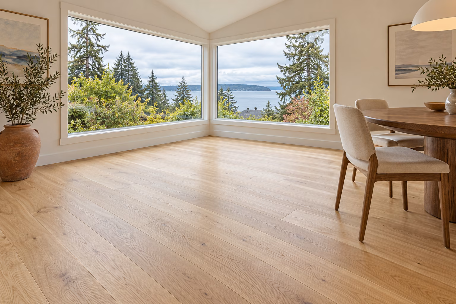 Illustrative Edmonds-inspired dining room with newly installed pale oak hardwood planks and a coastal garden outlook.