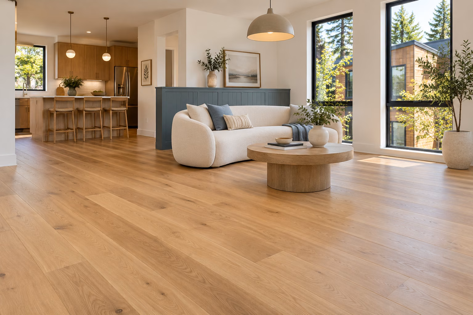 Illustrative newly installed white-oak hardwood in a Mountlake Terrace-inspired townhome.