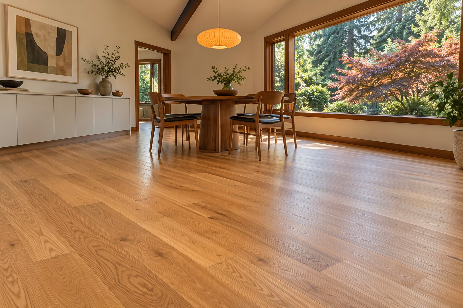 Illustrative newly installed natural-oak hardwood in a Shoreline-inspired midcentury dining room.