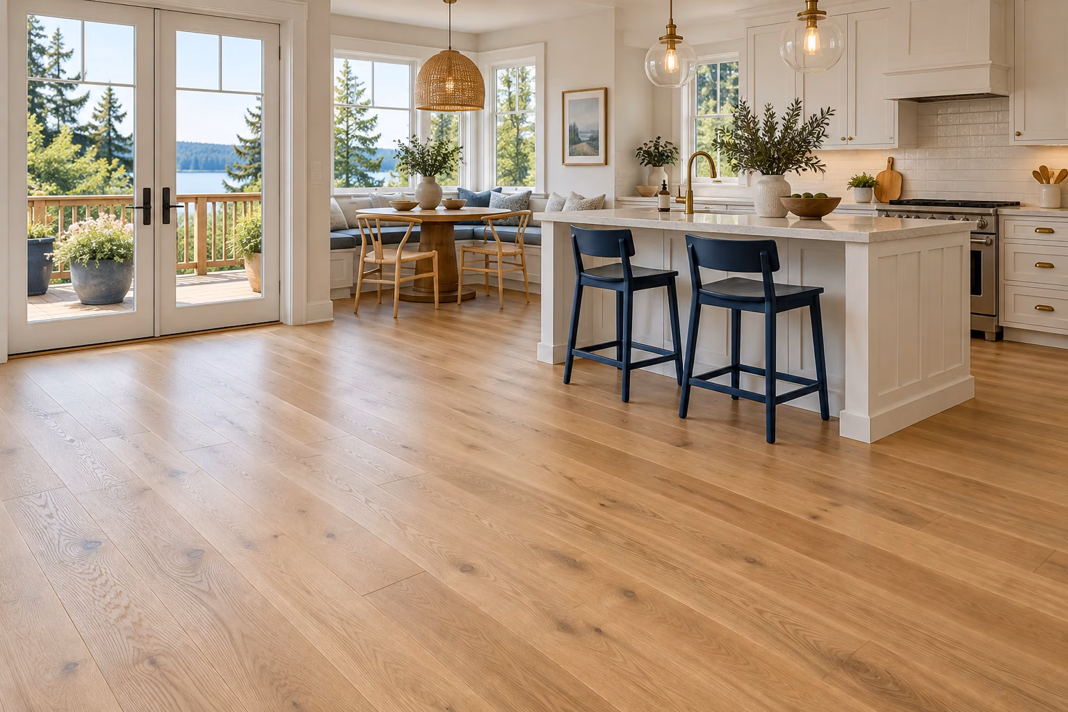 Illustrative newly installed natural-oak hardwood in a Kenmore-inspired dining kitchen.