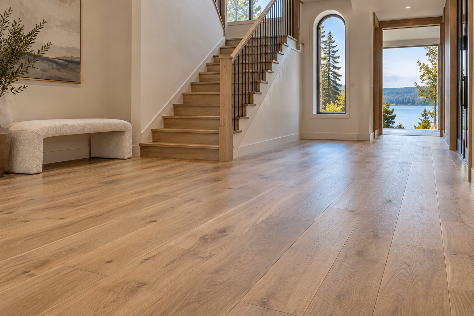 Illustrative Kirkland-inspired entry hall with newly installed oak hardwood flooring and a lake glimpse.