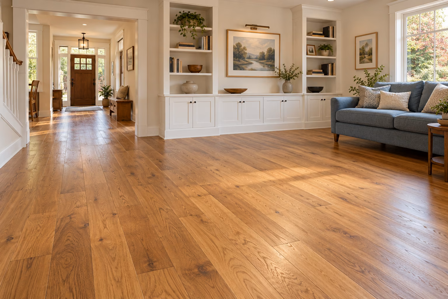 Illustrative newly installed natural-oak hardwood in a Bothell-inspired modern Craftsman family room.