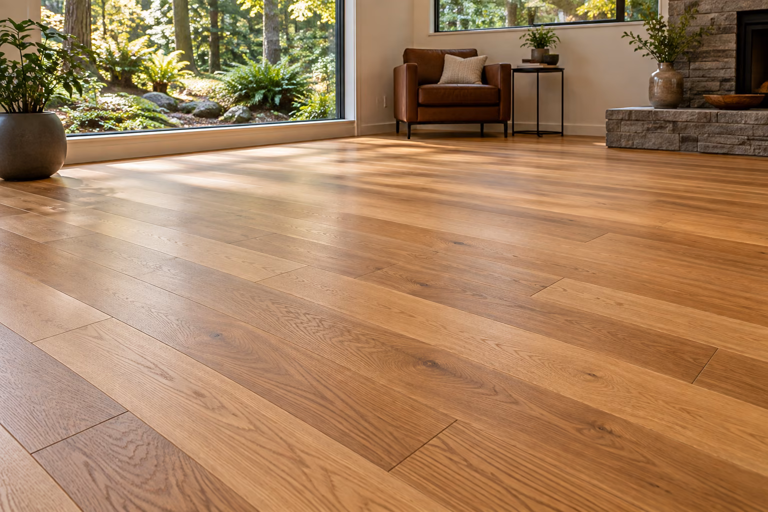 Illustrative Newcastle-inspired living room with newly installed warm natural oak hardwood flooring.