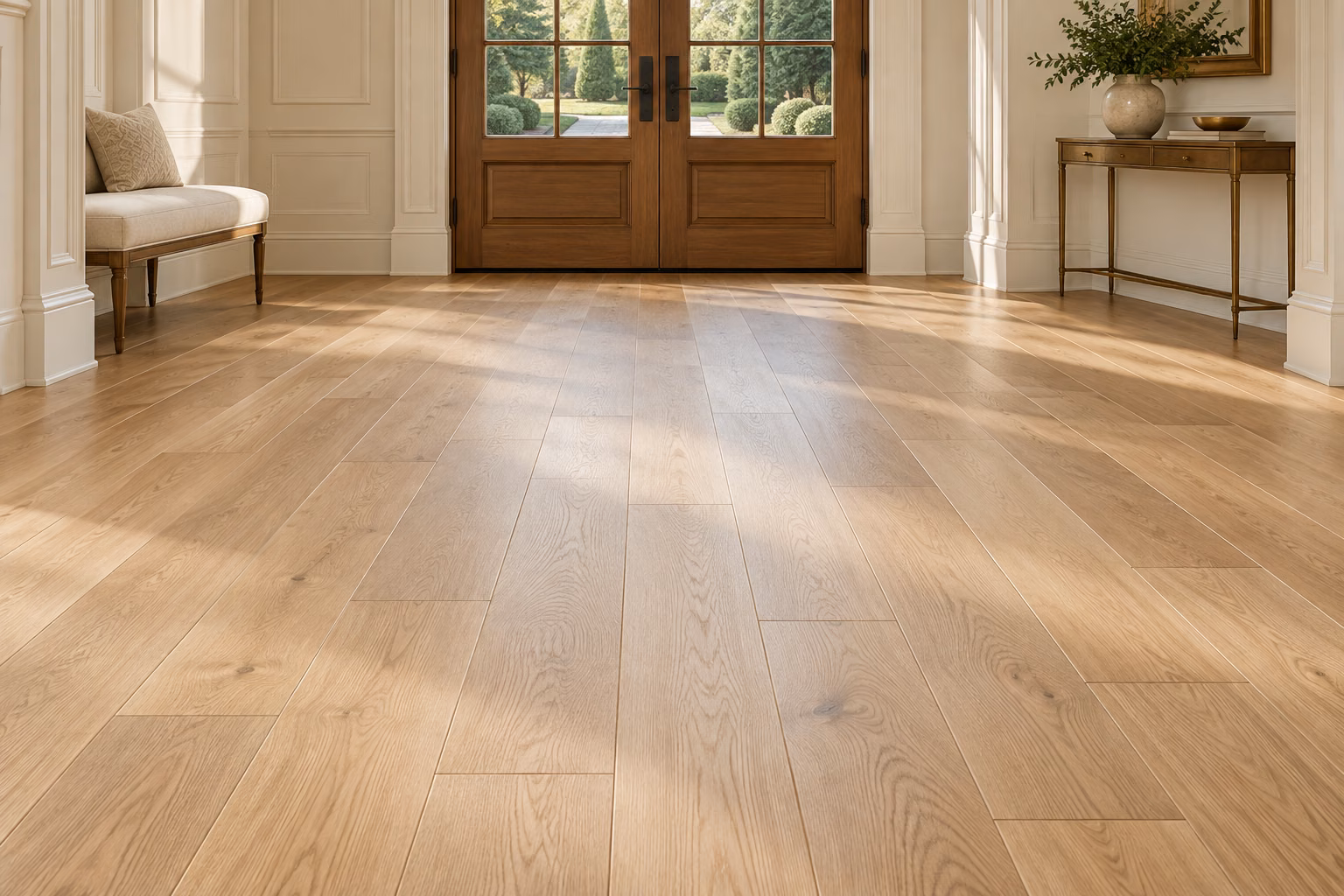 Illustrative Medina-inspired entry gallery with newly installed pale natural oak hardwood flooring.