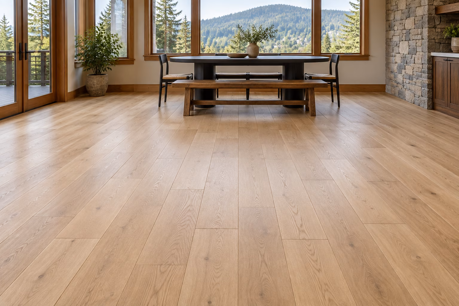 Illustrative Issaquah-inspired dining room with newly installed natural white oak hardwood flooring.