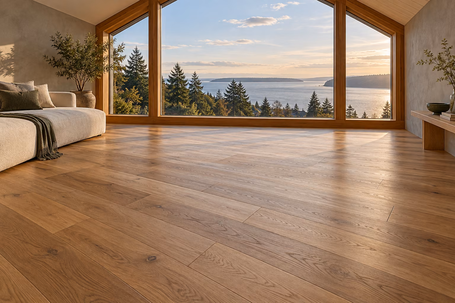 Illustrative Mukilteo-inspired sitting room with newly installed oak hardwood flooring and cedar-framed coastal windows.