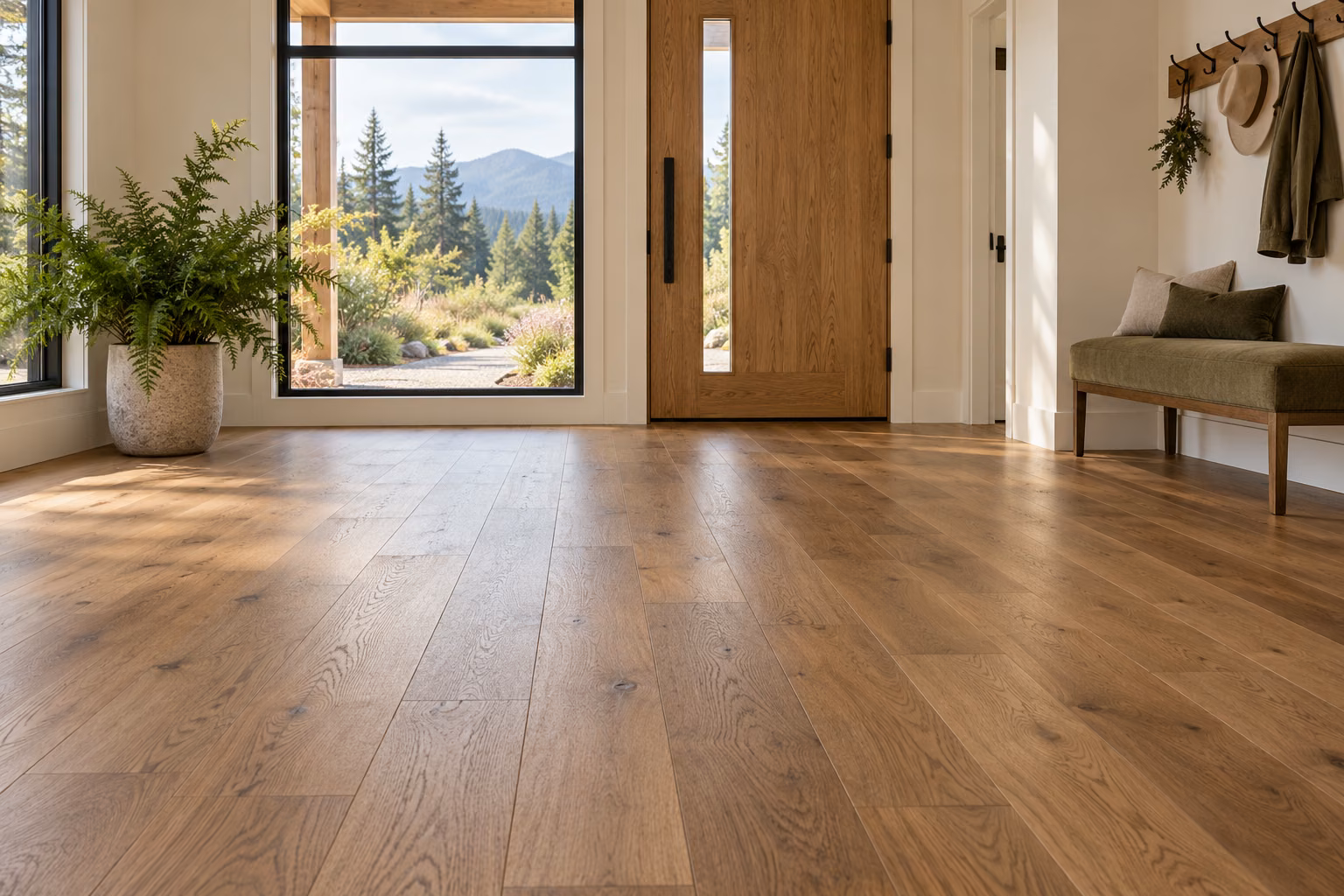 Illustrative Arlington-inspired farmhouse entry with newly installed oak hardwood flooring and a wooded countryside outlook.