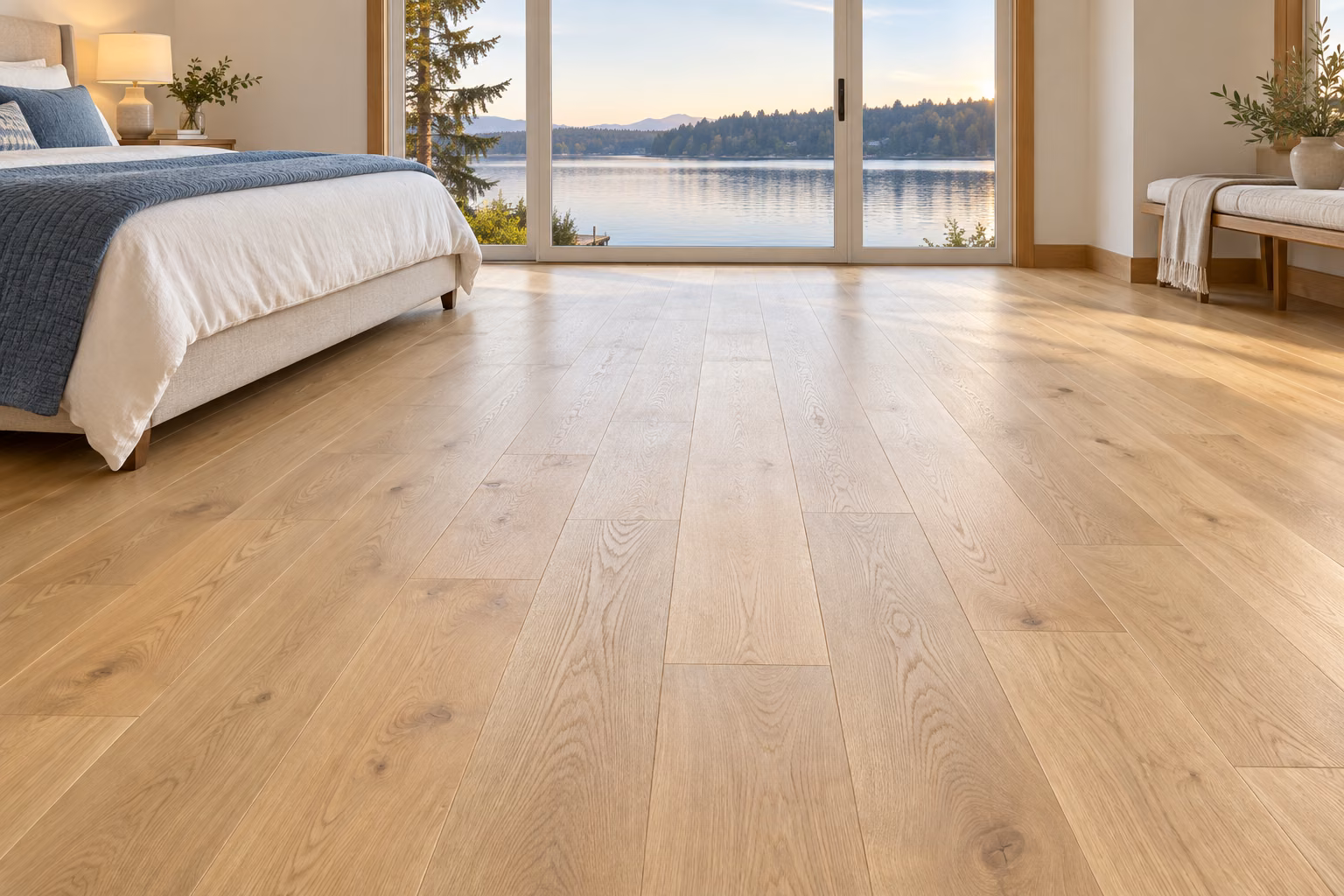 Illustrative Lake Stevens-inspired bedroom with newly installed pale oak hardwood flooring and a calm lakeside outlook.