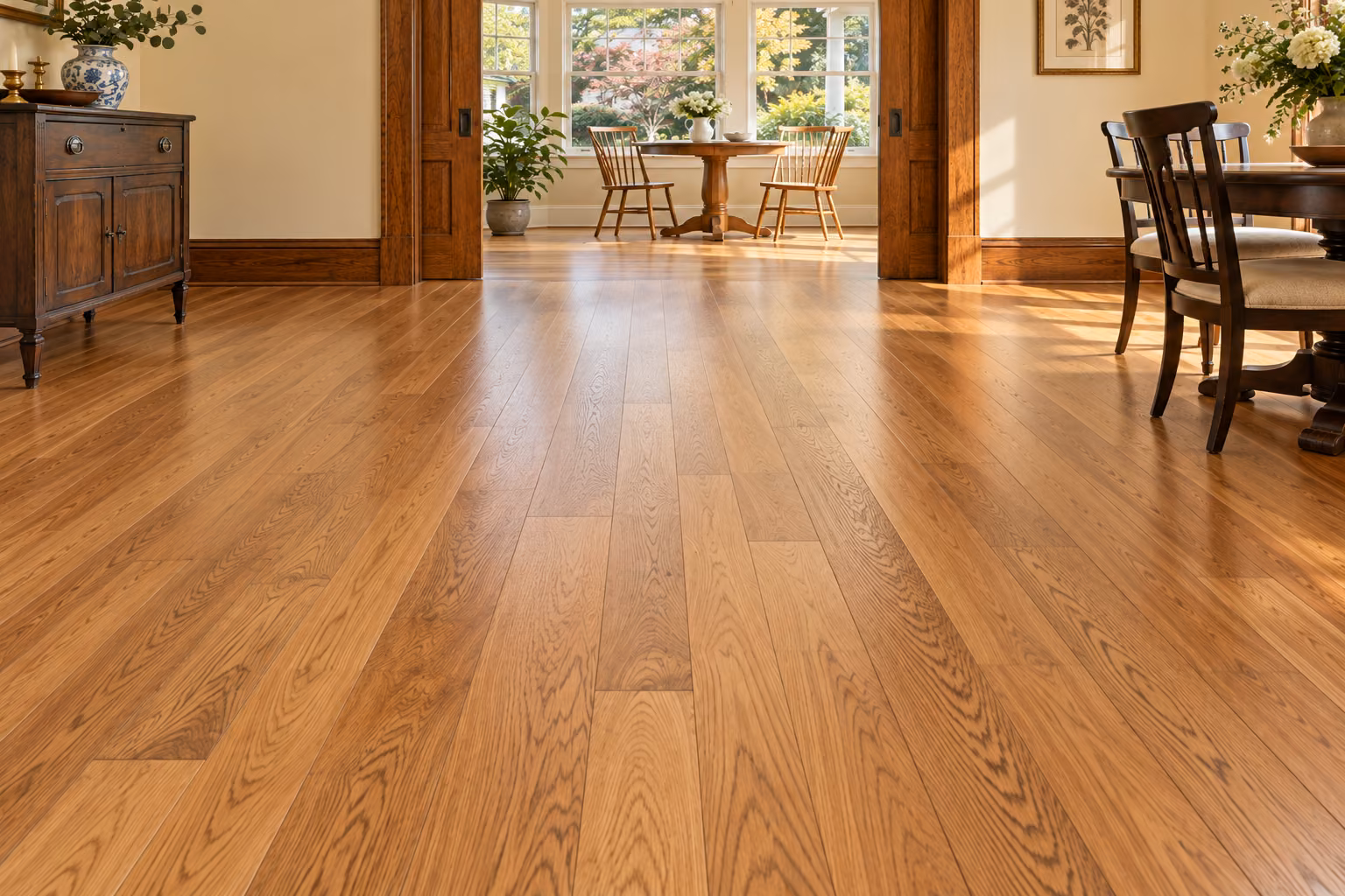 Illustrative Snohomish-inspired dining room with newly installed warm oak hardwood flooring and preserved period woodwork.
