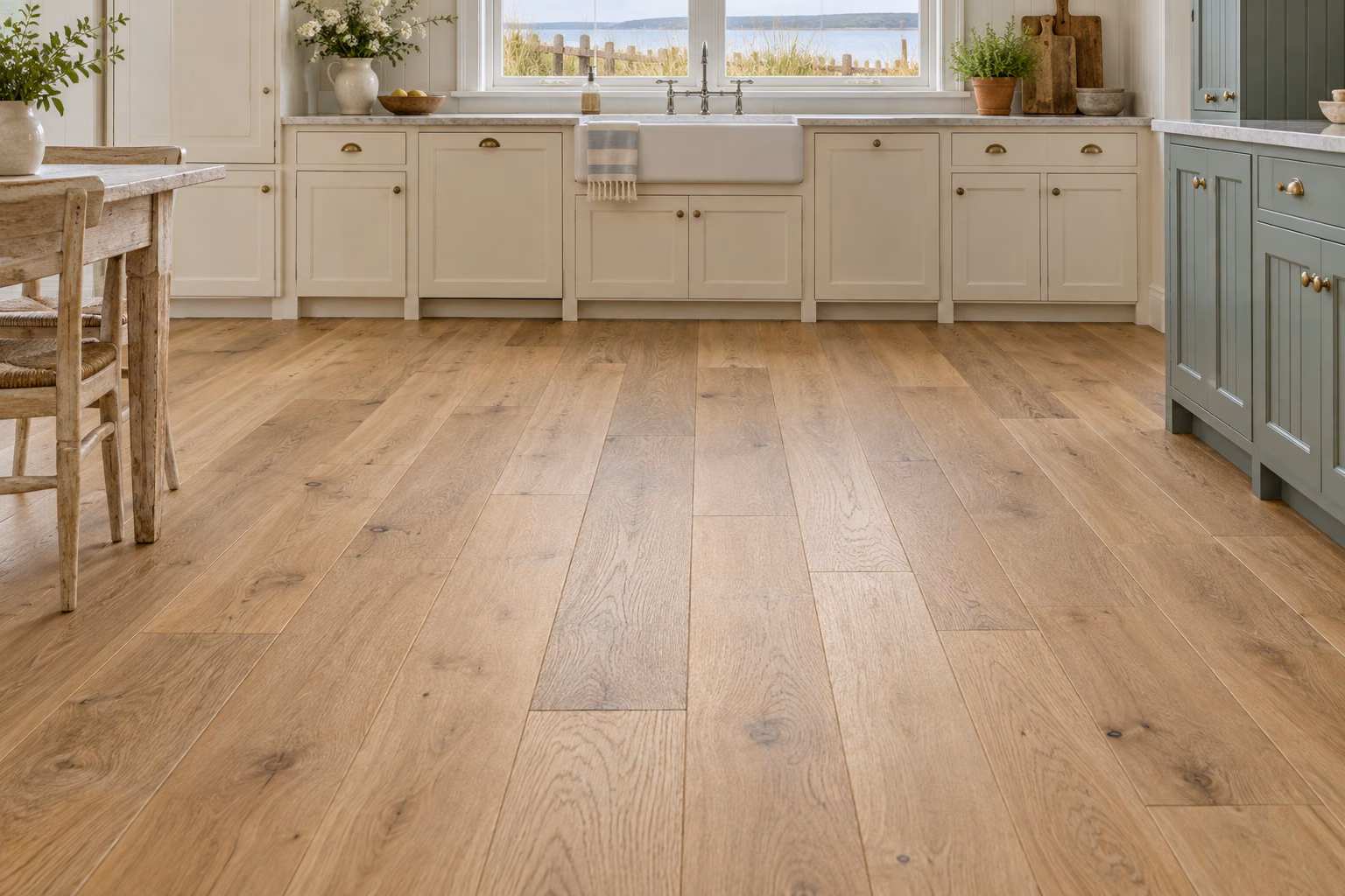 Illustrative Whidbey Island-inspired cottage kitchen with newly installed natural oak hardwood flooring and coastal garden views.
