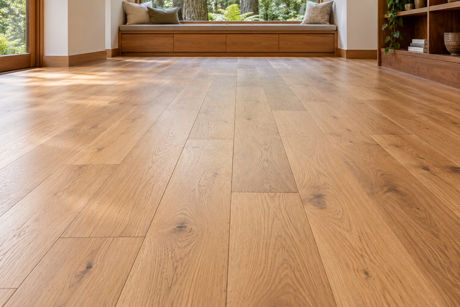 Illustrative newly installed white-oak hardwood in a Lake Forest Park-inspired woodland reading room.