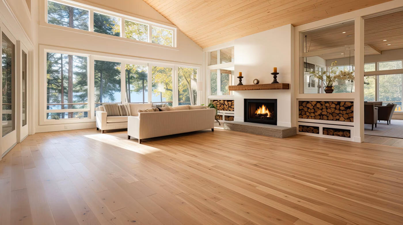 Natural wood flooring throughout a bright living room with tall windows