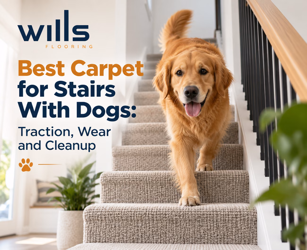 Golden retriever walking down carpeted stairs, best carpet for stairs with dogs guide by Wills Flooring
