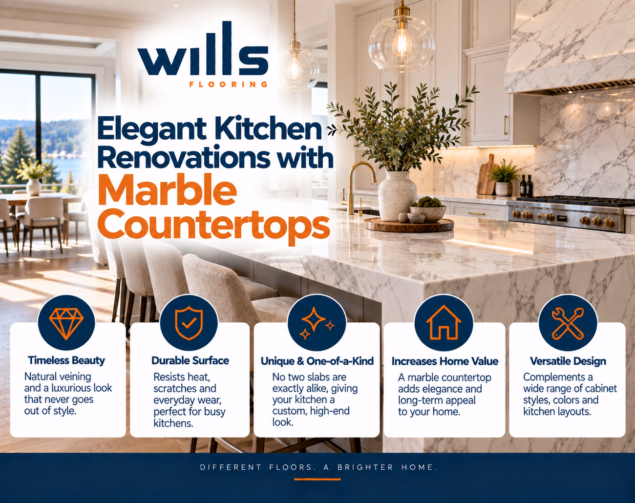 Marble countertop in an elegant kitchen renovation, guide by Wills Flooring