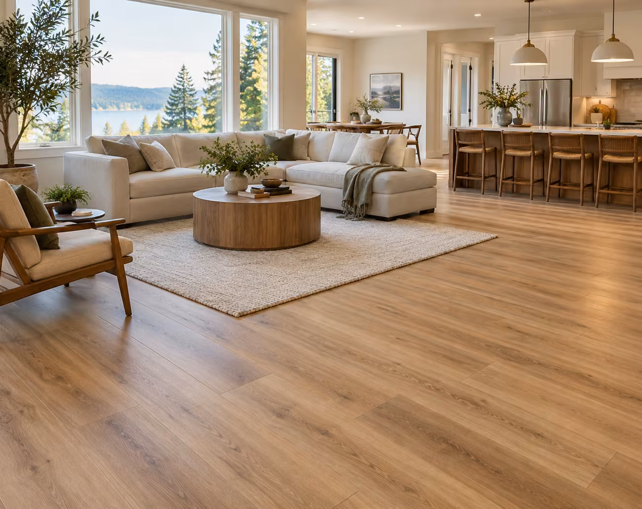 Illustrative luxury vinyl plank flooring in a bright living room