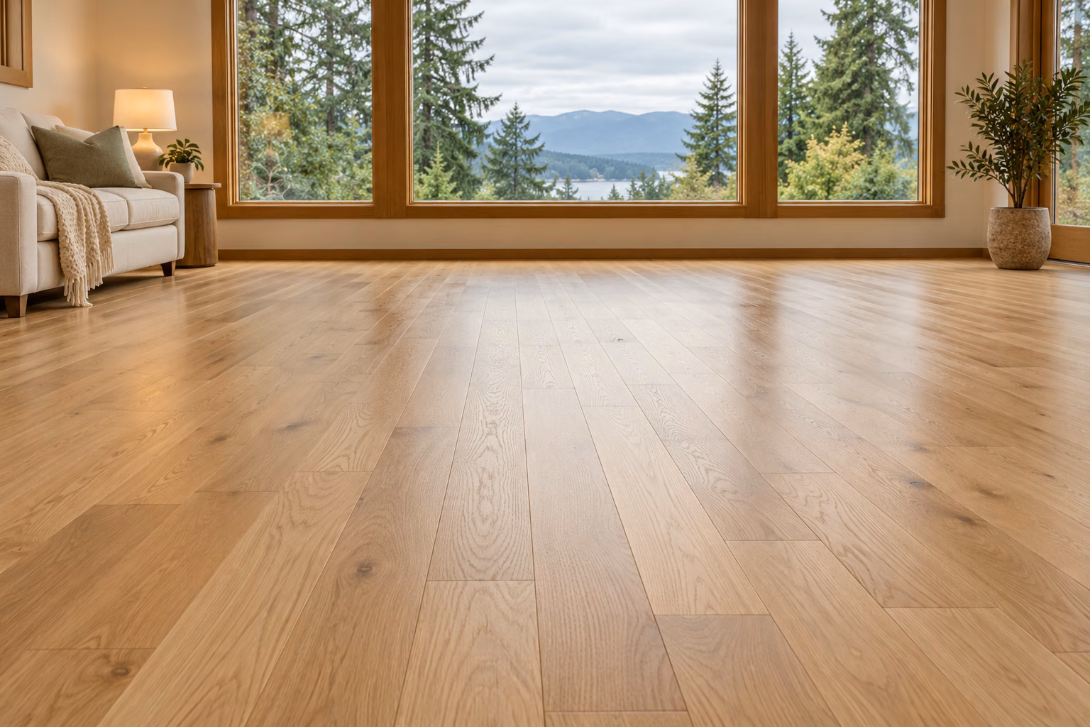 Illustrative Pacific Northwest living room with refinished natural white oak hardwood floors and evergreen views.