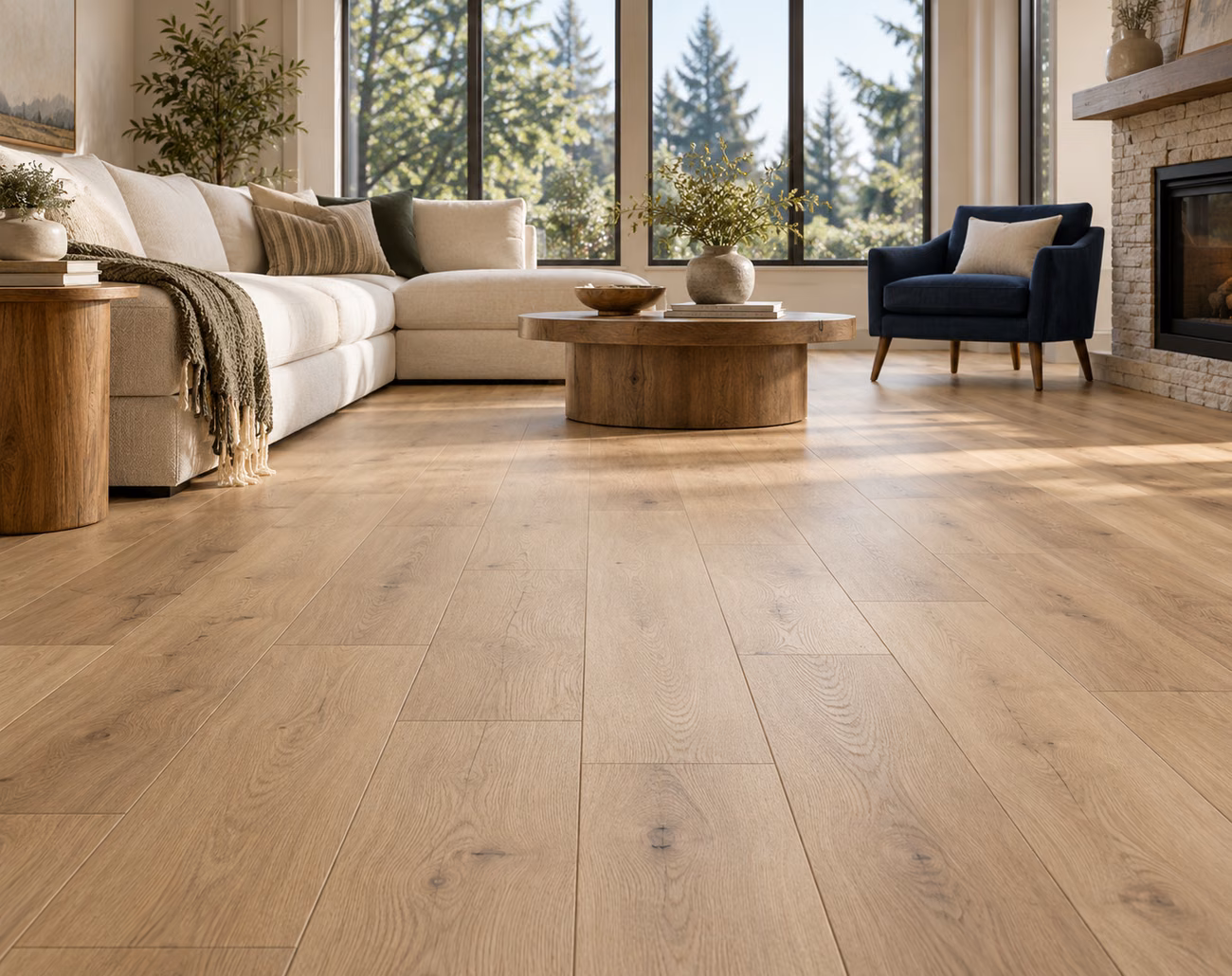Illustrative living room with oak-look laminate flooring
